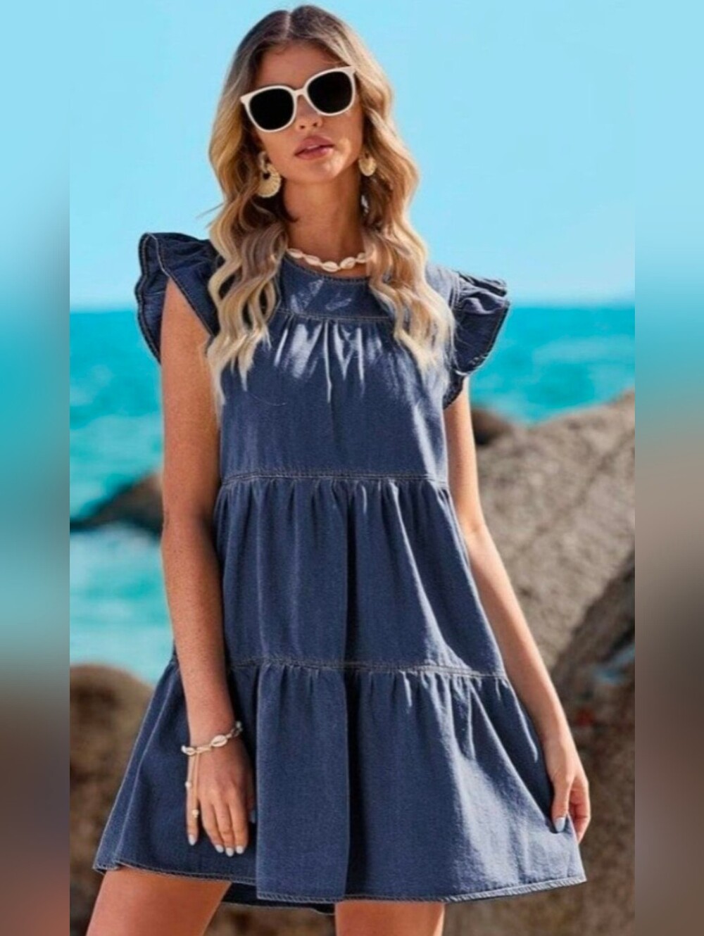 Denim Blue Ruffle Sleeve Tiered Dress - Picture 2 of 5